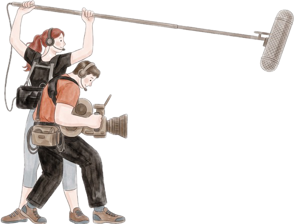 A sound recordist with a boom mic and a camera operator.
