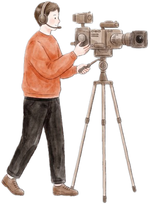A camera operator behind a film camera on a tripod.