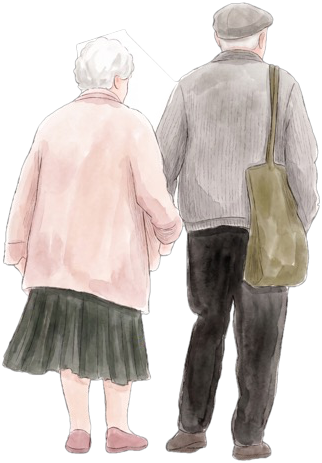 An elderly couple walking away together.