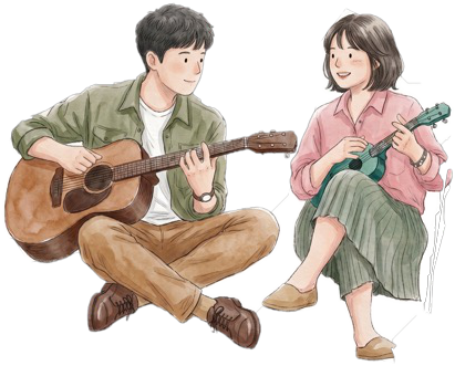 Two musicians playing guitar and ukulele.